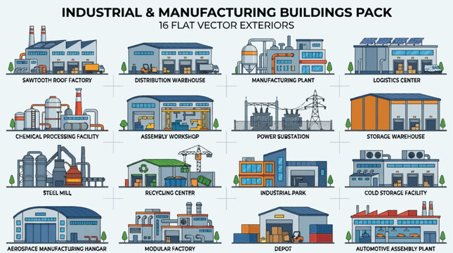 A collection of 16 flat vector illustrations of various industrial and manufacturing buildings, showcasing different types of structures and their functions.
