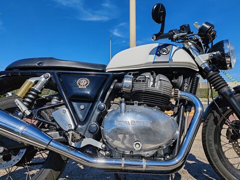 Ostia, Rome, Italy - June 6, 2026, a Royal Enfield motorcycle, one of the oldest motorcycle brands in the world still in operation.