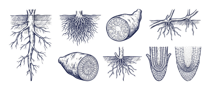 Botanical root systems vintage engraving showing taproot fibrous roots anatomy and cross sections of plant tubers and vegetable root caps for biology science education and design projects.