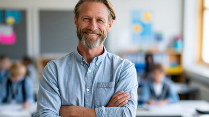 Naklejka premium Anonymous portrait of a middle-aged European male teacher standing confidently in a classroom smiling warmly, approachable professional educator concept, faceless, defocused, with