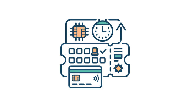 Smart ticketing system icon with credit card and digital data symbols