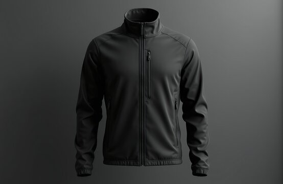 Black soft shell jacket mockup full zip long sleeves. Modern outdoor garment with zipped pockets. Casual wear for men athletic style. Outerwear for active life, urban adventures. Versatile clothing
