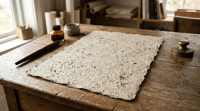 Wooden table with bread board and kitchen utensils.