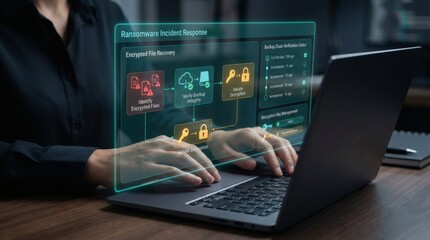 Fototapeta premium Businesswoman using laptop with cybersecurity interface, online security concept, digital protection, cyber threat analysis