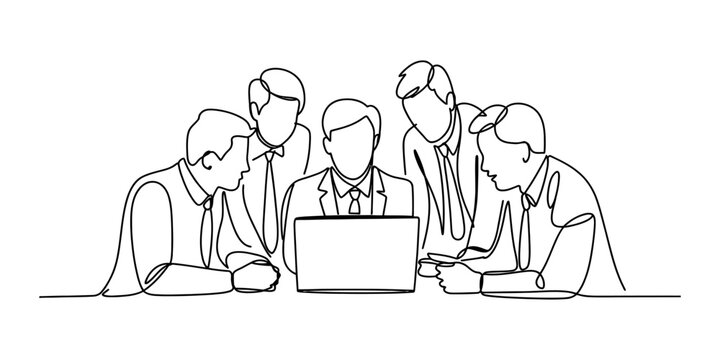 Continuous line drawing of a group of business people working together on a laptop computer in the office during a professional team meeting discussion Vector, illustration