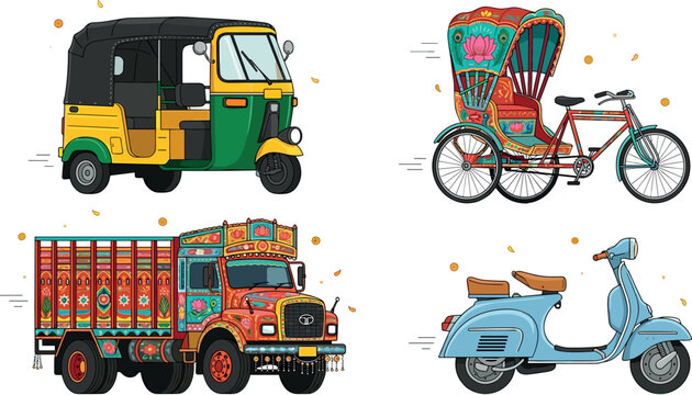 Traditional South Asian Vehicle Vector Set Featuring Auto Rickshaw Tuk Tuk, Decorated Cycle Rickshaw, Colorful Painted Truck, and Vintage Blue Scooter Illustrations