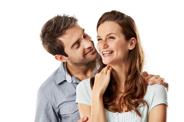 Naklejka premium Man, woman and whisper with laugh in studio for funny conversation, care and smile on white background. Happy couple, connection and embrace with bonding, story or talk for gossip with relationship