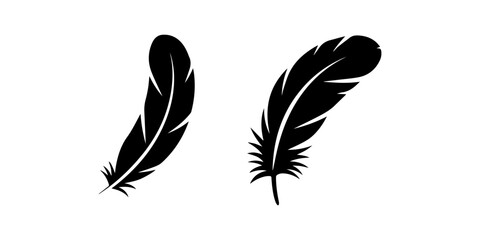 Silhouette, Bird feather pen icon black quill feather silhouette collection featuring elegant plume illustrations, vintage writing symbols and decorative design elements on white background © SujetaRani