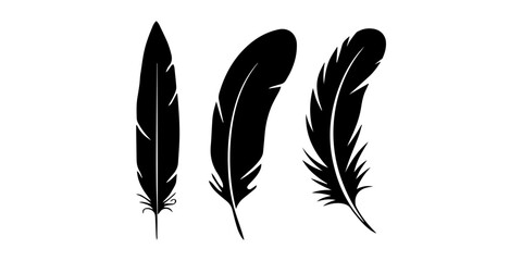 Silhouette, Bird feather pen icon black quill feather silhouette collection featuring elegant plume illustrations, vintage writing symbols and decorative design elements on white background © SujetaRani