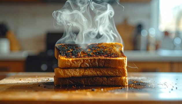Stack of Burnt Toast with Smoke Rising in a Kitchen Setting