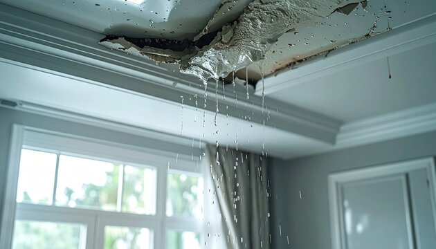 Water leaking from damaged ceiling in modern home interior