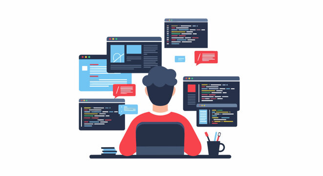 Software Developer Working on Multiple Coding Projects Flat Vector Illustration, Web Engineering and Programming Concept