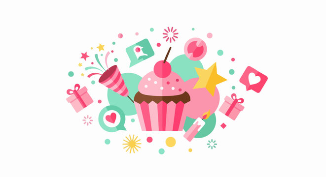 Birthday Celebration Flat Vector Illustration with Pink Cupcake, Party Poppers, Gift Boxes, and Social Media Icons for Event Invitations