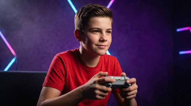 Boy playing video game with console controller in room with neon lighting. Digital hobby, childhood fun and leisure activity in virtual world concept.