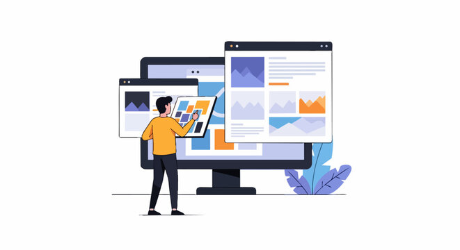 Web Design and UI/UX Development Concept with Creative Professional Managing Website Layouts on Digital Monitor, Modern Flat Vector Illustration