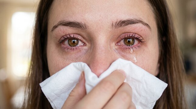 Woman with red itchy eye and runny nose using tissue. Allergic reaction to pollen or pet dander.