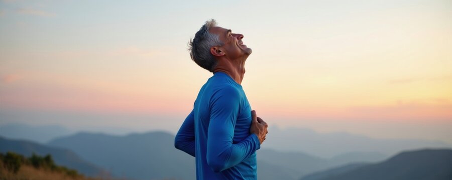 Older man stands on hill top at sunrise, breathes deeply, hands on chest. Enjoying peaceful view, feeling accomplished after difficult physical activity.