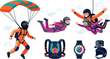 Skydiving and Tandem Parachuting Vector Character Set with Skydivers Free Falling, Flying with Parachute, Backpack Rig, Altimeter Watch, and Action Camera Helmet © RUBINA