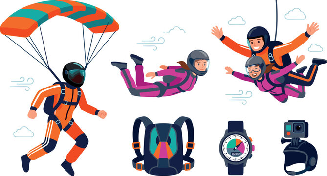 Skydiving and Tandem Parachuting Vector Character Set with Skydivers Free Falling, Flying with Parachute, Backpack Rig, Altimeter Watch, and Action Camera Helmet