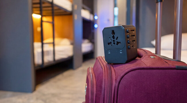 Universal travel adapter rests on a suitcase beside a bunk bed in an urban hostel