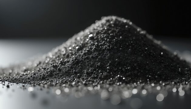 Pile of fine black silicon carbide powder grains. Macro shot shows sharp details, reflective particles. Granular material rough texture, dark, industrial appearance suitable for science tech