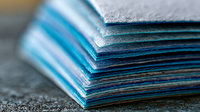 Carbon paper stack layers showing translucent sheets overlapping, triplicate copy form material, blue transfer ink coating visible on thin tissue stock, manifold business form layers, typewriter dup