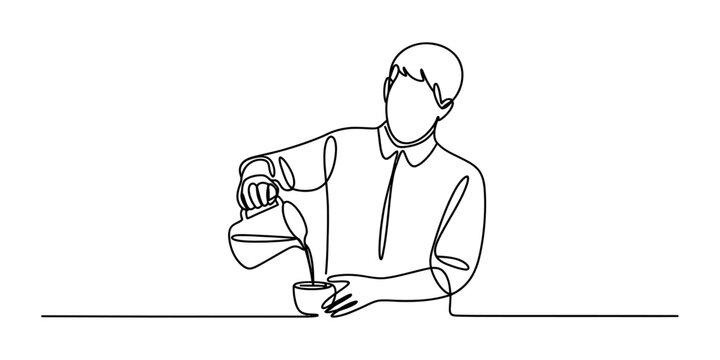 Continuous single line drawing of a man pouring coffee from a small pot into a cup as a barista making a fresh hot drink for a customer in a cafe shop Vector, illustration