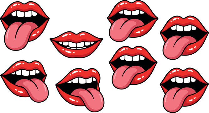 Red pop art lips and open mouth sticking out tongue vector illustration collection set isolated transparent background