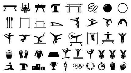 Gymnastics and sports icon set with athletes and equipment silhouettes © Kasdo