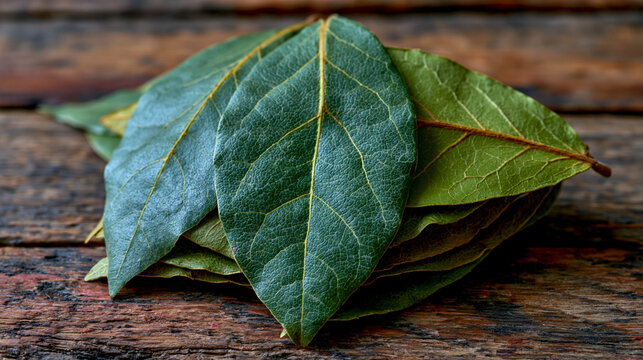 Dried bay leaf Laurus nobilis flat stack layered arrangement on aged distressed oak plank surface, overlapping elliptical leaf shapes creating geometric botanical specimen composition, Mediterranean