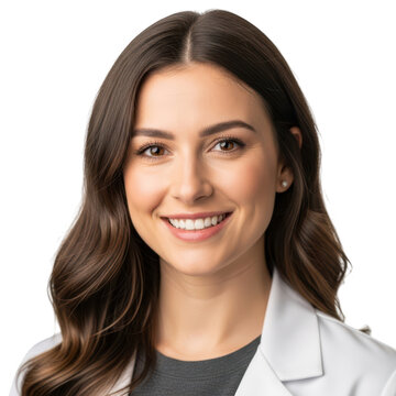 Smiling professional woman in white lab coat isolated on transparent background