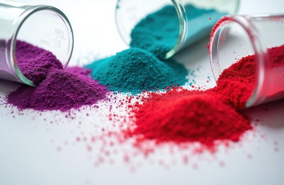 Colorful pigment granules spill from glass laboratory flasks onto white surface. Powdered materials in red, teal, and purple are used in plastic production and chemical industry applications.