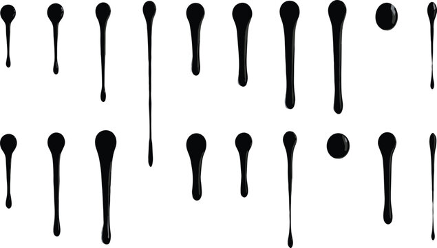 Black Glossy Liquid Drips and Paint Splatter Vector Set Featuring Isolated Dripping Ink Drops for Creative Grunge Textures and Industrial Abstract Graphic Designs
