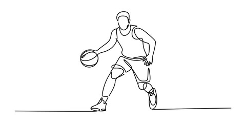 Continuous single line drawing of a basketball player dribbling the ball during a professional game representing active sports lifestyle and athletic energy Vector, illustration © Kailash Roy