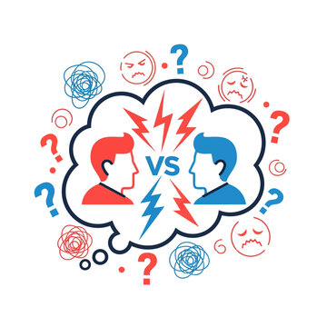 Team Conflict: Two Men Facing Off in Thought Bubble, VS Symbol, Question Marks