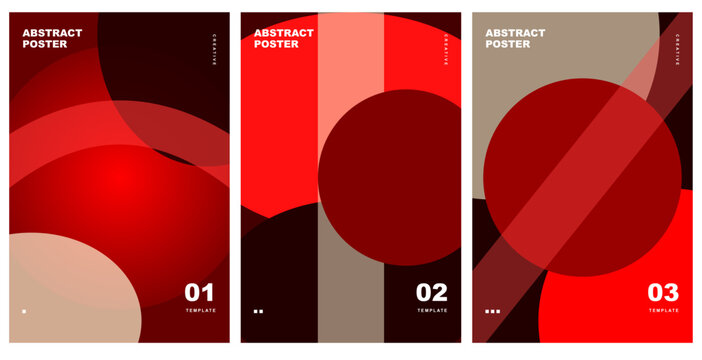 Set of three abstract posters with modern geometric shapes, circles, and bold red, black, and beige color palette. Vector illustration.