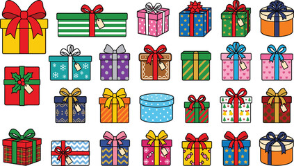 Fototapeta premium Colorful Christmas and Birthday Gift Box Vector Icon Set with Ribbon Bows and Patterns for Winter Holiday Graphic Design Templates