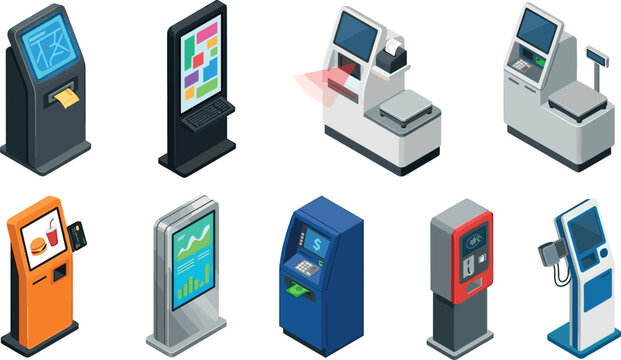 Isometric Digital Kiosk and Self Service Terminal Vector Set Featuring ATM, Info Screen, Self Checkout, Ticket Machine, and Food Ordering Display Elements