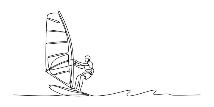 Continuous single line drawing of a person windsurfing on a board with a sail across the ocean waves Vector, illustration
