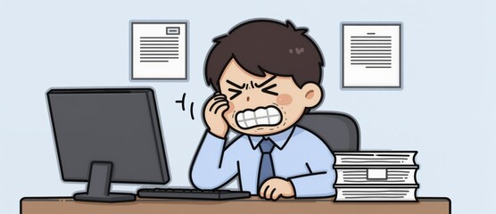 Fototapeta premium cartoon style office worker under stress with jaw tension from heavy workload at desk