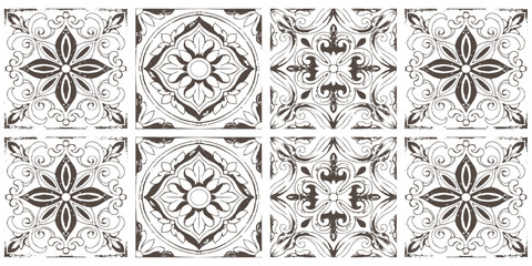Vintage brown ceramic tile seamless pattern set with distressed grunge texture and floral ornaments vector illustration. © Design House