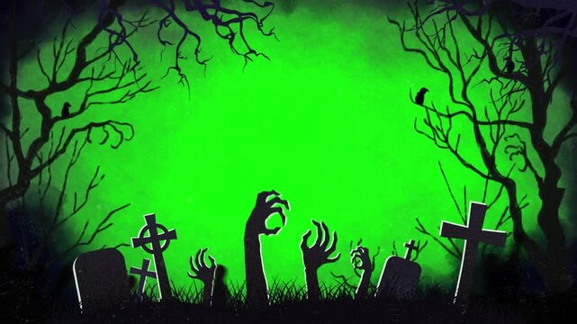 Spooky graveyard scene with zombies rising from the dead at night with green background and bare trees