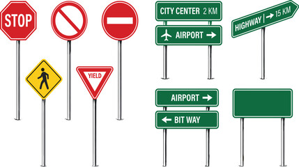 Road Traffic Sign Collection with Direction Boards Warning Symbols and Transportation Guidance Isolated on White Background © Prince7011