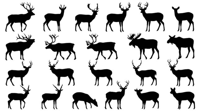 Black and white deer and elk icons set isolated on transparent background, Vector