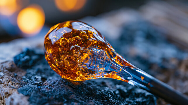 Molten borosilicate glass gather on steel blowpipe tip glowing amber at furnace mouth, dramatic storm background contrast against incandescent gather surface, glassblowing studio refractory brick vi