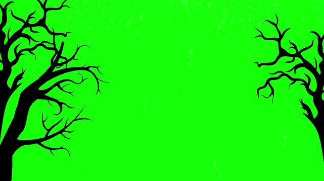 A spooky green background with bare tree silhouettes on either side, creating a haunting atmosphere for halloween or horror themes with eerie feel
