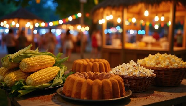 Table displays corn cakes popcorn at outdoor festival with lights. People walk behind at night market celebration. Food served at summer fair.