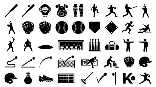 Collection of black and white baseball icons and player silhouettes.