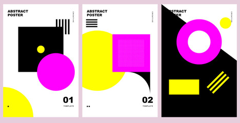 Fototapeta premium Set of three abstract geometric posters with vibrant yellow, purple, and black shapes in a modern minimalist style. Vector illustration.