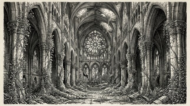 Abandoned gothic cathedral interior with overgrown vines and ruins